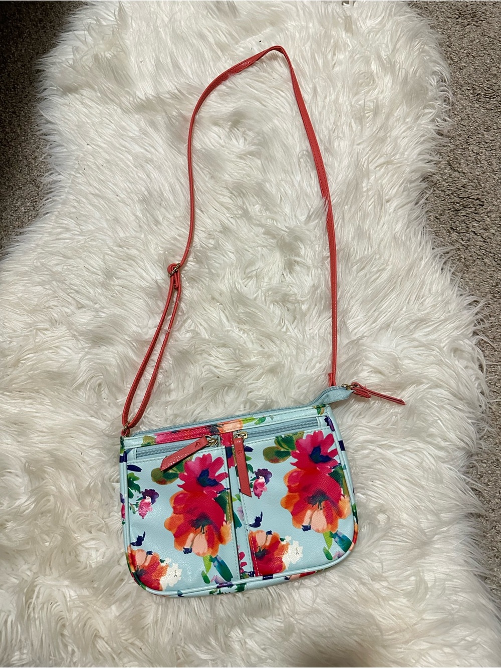 Floral Crossbody Bag - Light Blue with Coral Strap